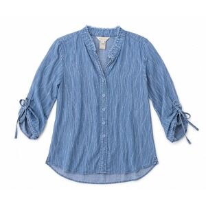Multiples Blue Denim Wavy Stripe Ruffle Neck Tie Sleeve Blouse Medium